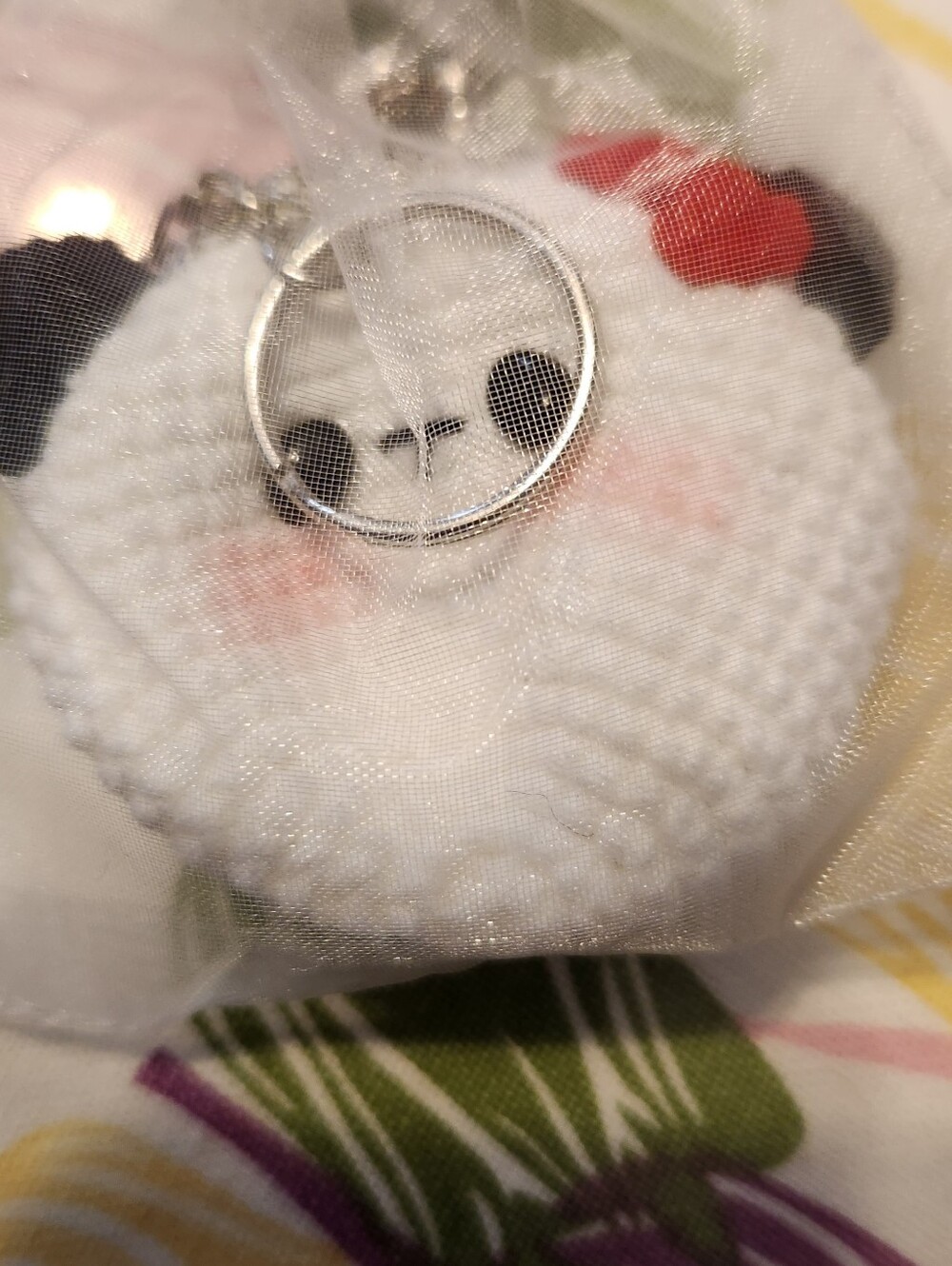 Small Knitted White Panda Coin Purse Keychain with Red Bow